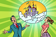 Confident businessman offers a woman fabulous castle in the sky
