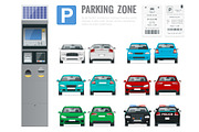 Set of parking payment machine, parking receipt and cars front and rear view