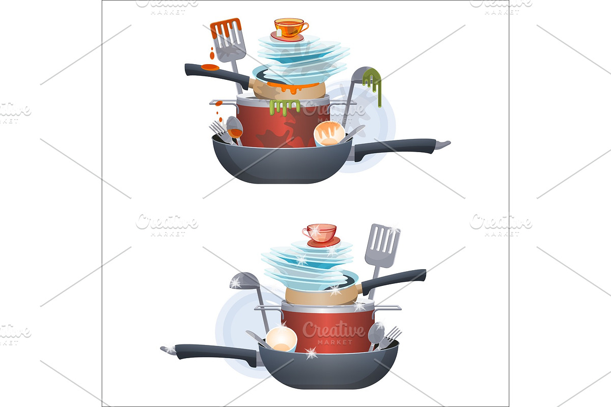 Dirty and clean dishes plates and pans, kitchen cutlery in Illustrations - product preview 8