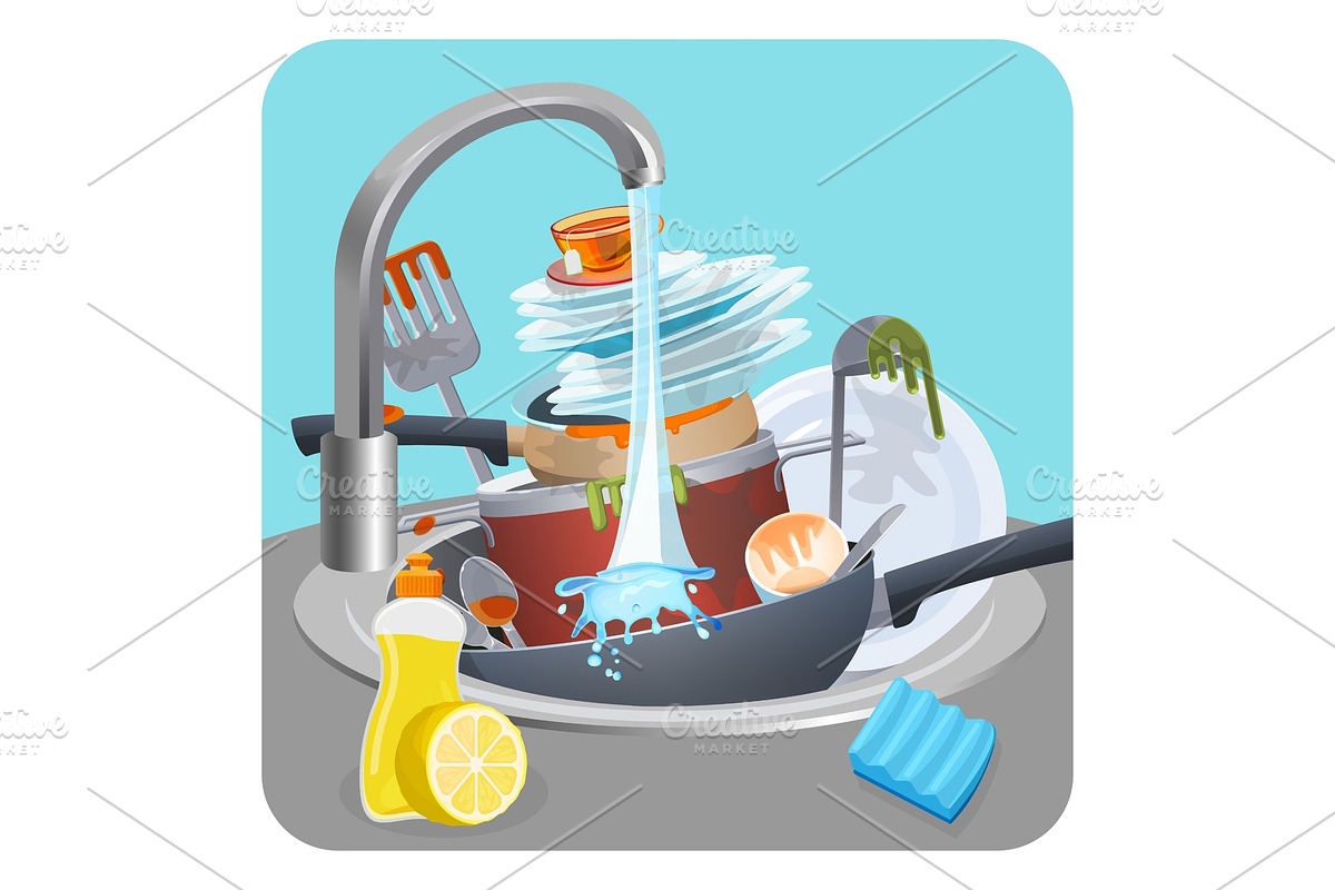 Dirty dishes plates and pans in sink under running water in Illustrations - product preview 8