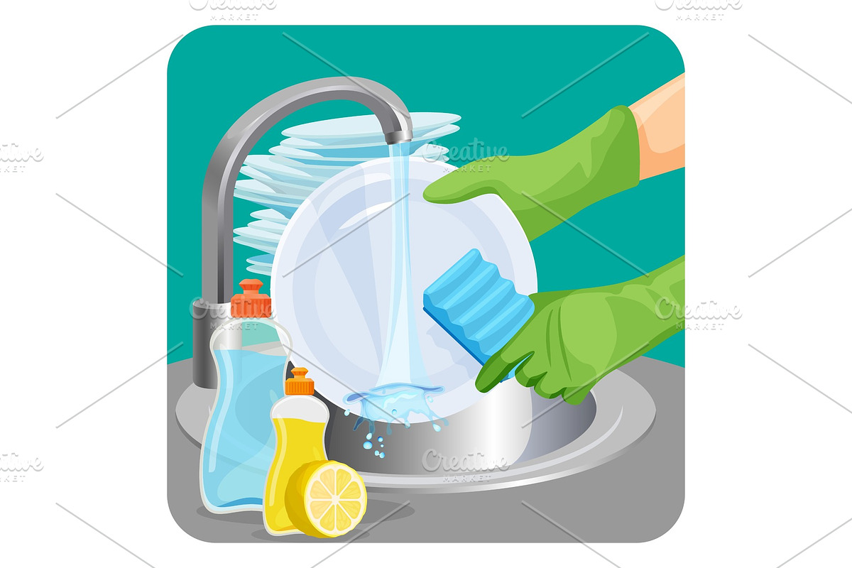 Human in rubber protective gloves dishwashing plate with a sponge in Illustrations - product preview 8