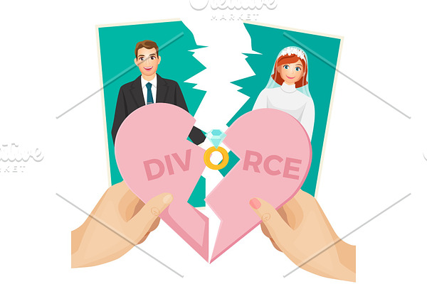 Divorce concept vector illustration of splitted heart and photo