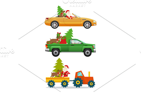 Santa Claus in Different Kinds of Modern Transport
