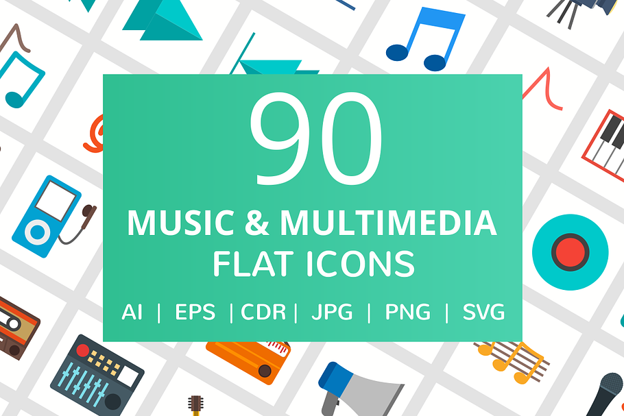 90 Music & Multimedia Flat Icons