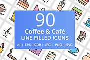 90 Coffee & Cafe Filled Line Icons