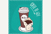 Paper cup of coffee with cake