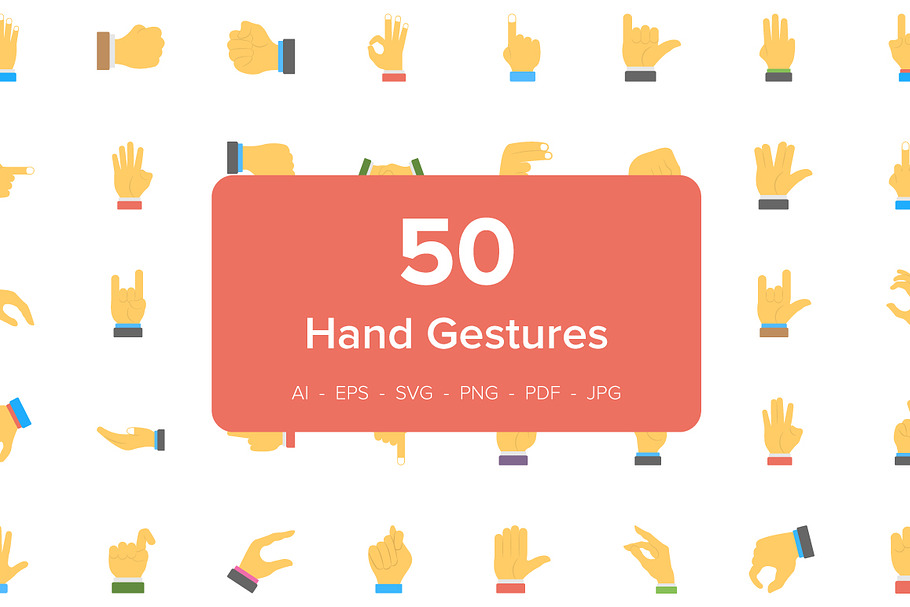 50 Hand Gesture Flat Icons Set