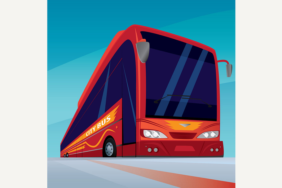 Red modern passenger bus on the road in Illustrations - product preview 8