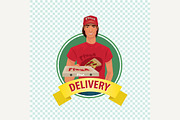 Round icon with pizza courier