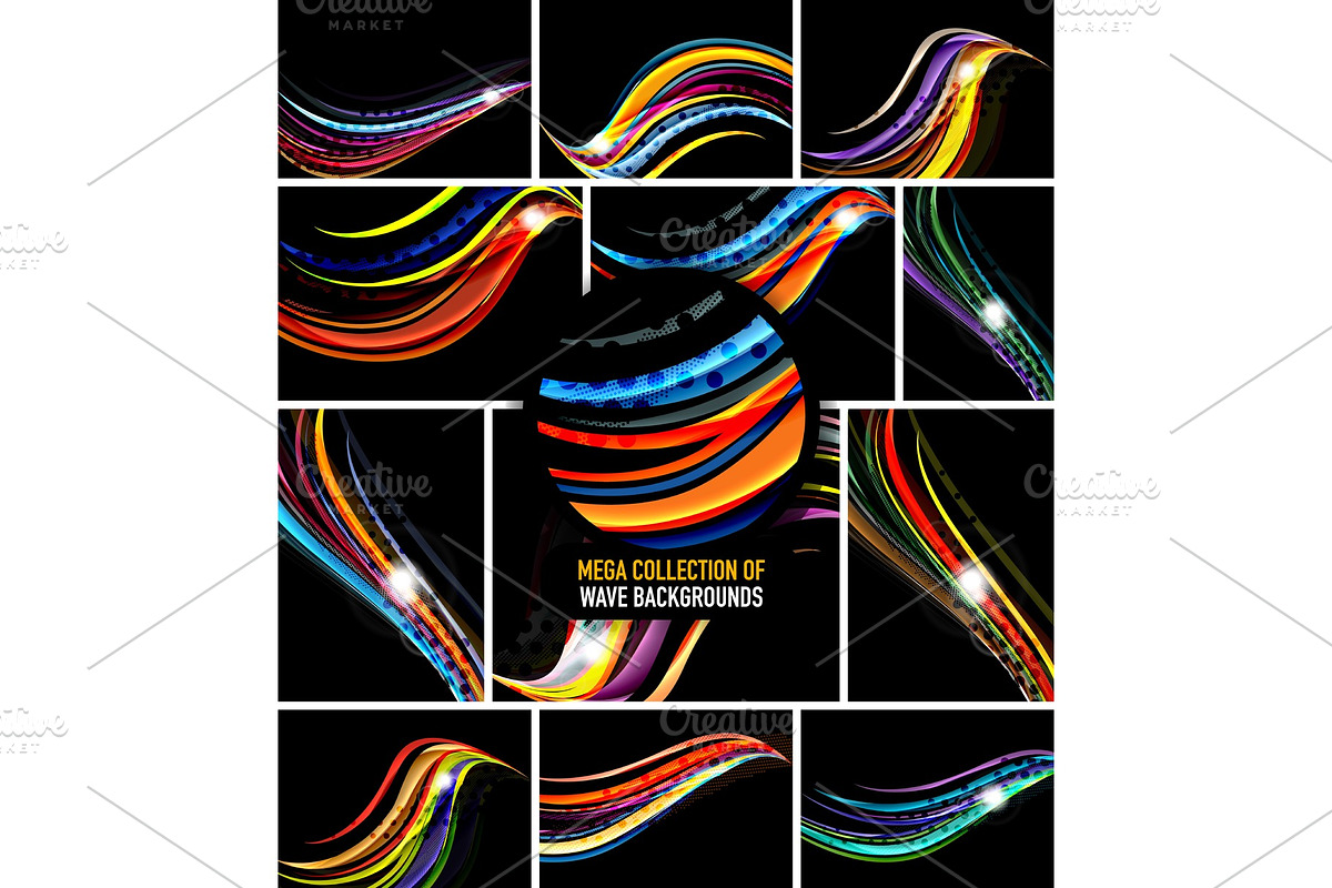 Collection of wavy lines on black, abstract backgrounds in Textures - product preview 8