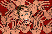 Horror fear background, hands and frightened face