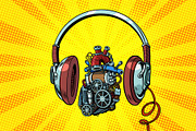 Headphones and steampunk heart motor
