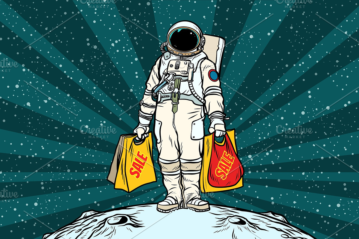 Lone retro astronaut with a sale shopping bags in Illustrations - product preview 8