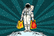 Lone retro astronaut with a sale shopping bags