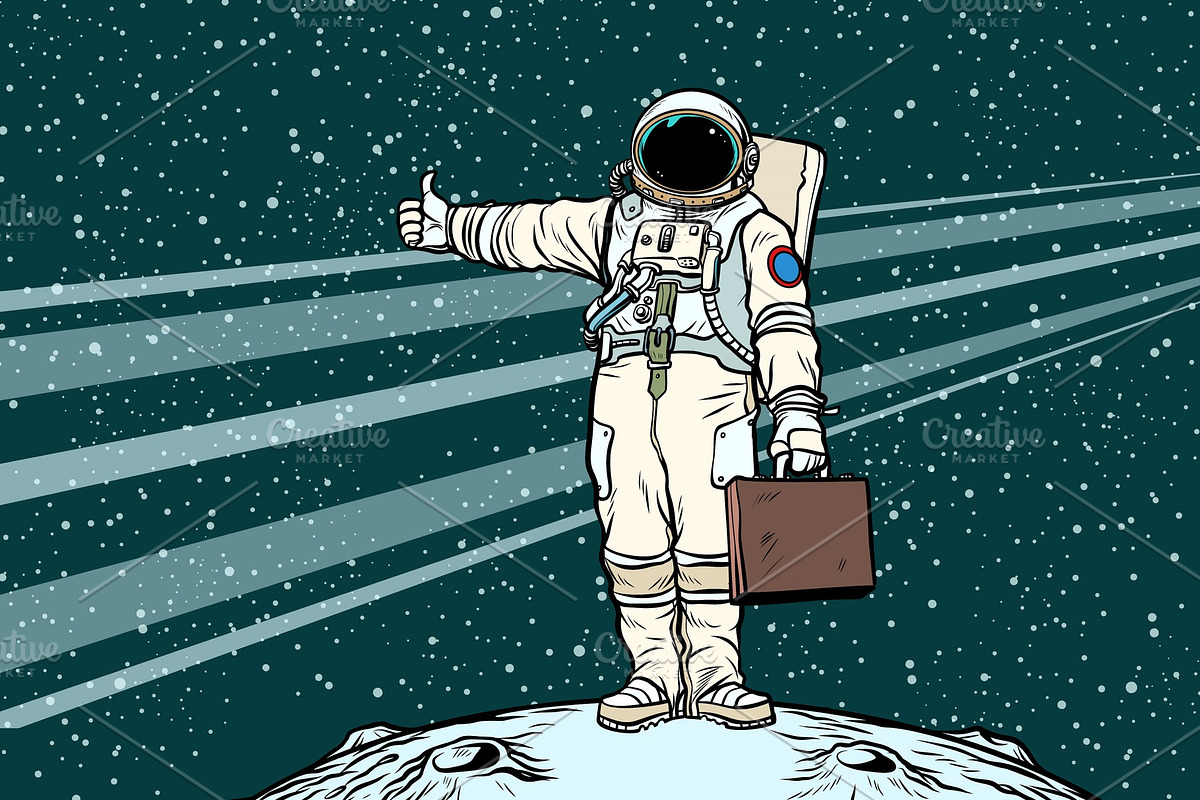 hitchhiker astronaut with travel suitcase in Illustrations - product preview 8
