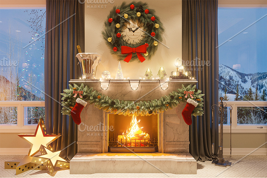 Christmas interior with a fireplace 