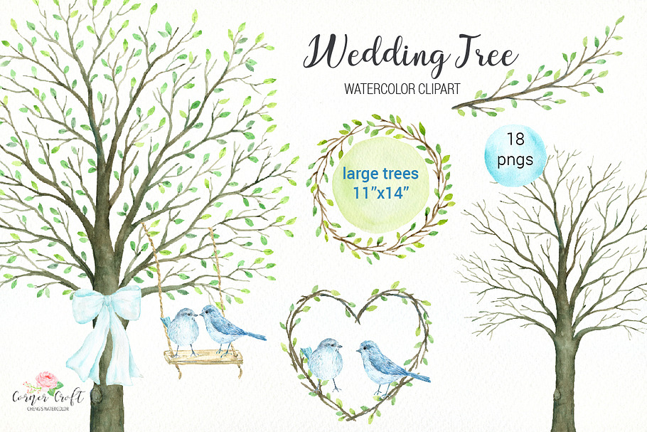 Wedding Tree Watercolor Clipart in Illustrations - product preview 8