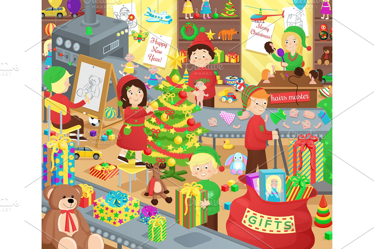 Santa Claus Presents Factory with Little Helpers in Objects - product preview 8