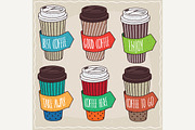 Set of trendy paper cups of coffee