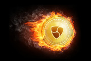 Golden ethereum coin flying in fire flame.