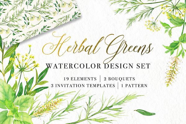 Herbal Greens Watercolor Design Set
