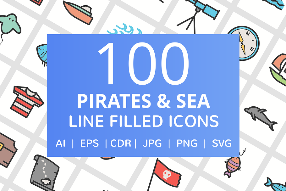 100 Pirate & Sea Filled Line Icons