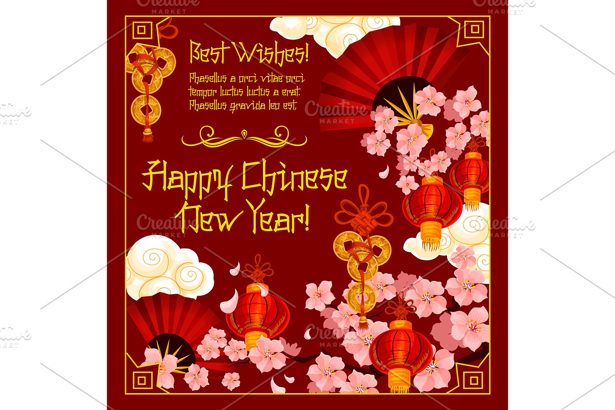 Chinese New Year flowers vector greeting card in Illustrations - product preview 8