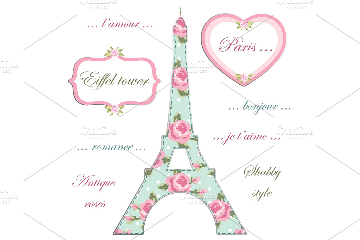 Valentines day background as patchwork fabric Eiffel tower of Paris with hearts on strings in Illustrations - product preview 8