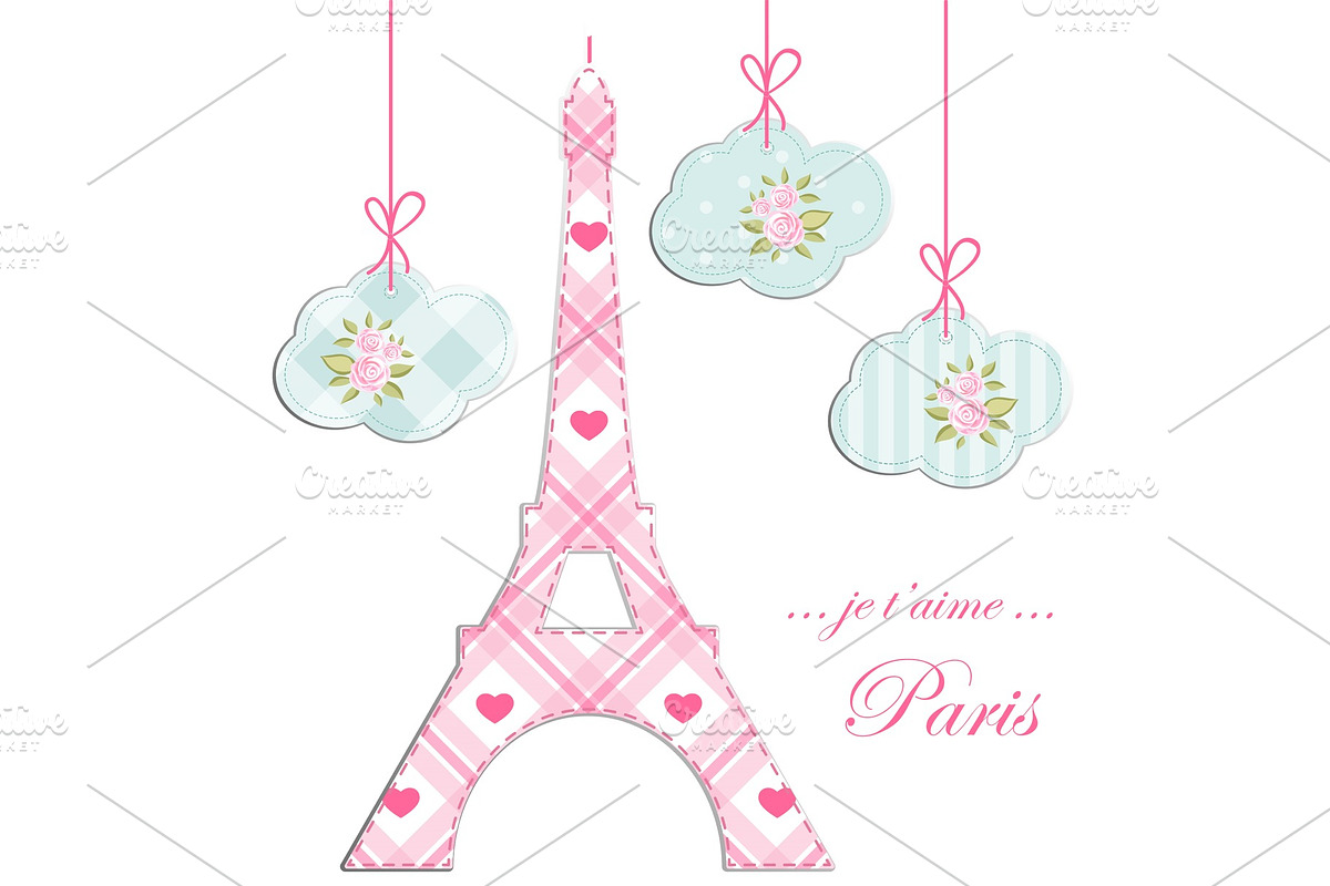 Valentines day background as patchwork fabric Eiffel tower of Paris with hearts on strings in Illustrations - product preview 8