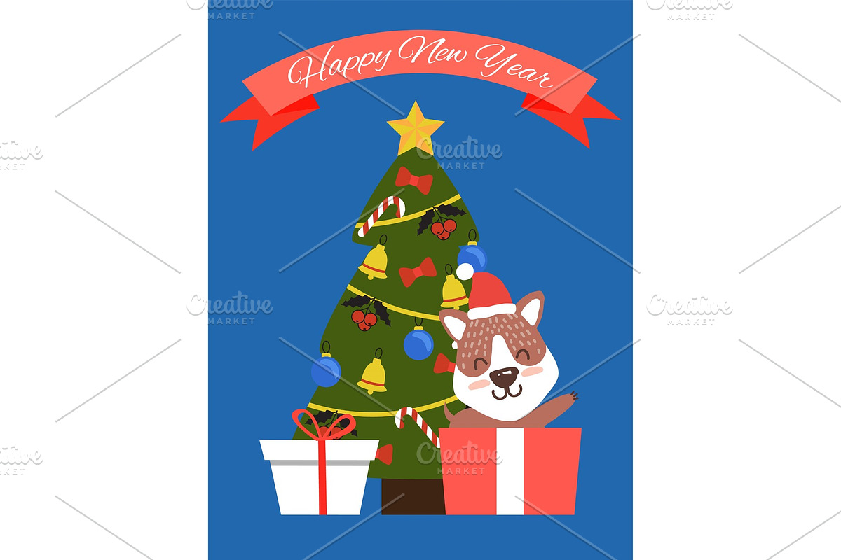 Happy New Year Tree and Dog Vector Illustration in Objects - product preview 8
