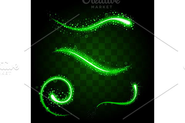 Set of tails of light green glittering stardust