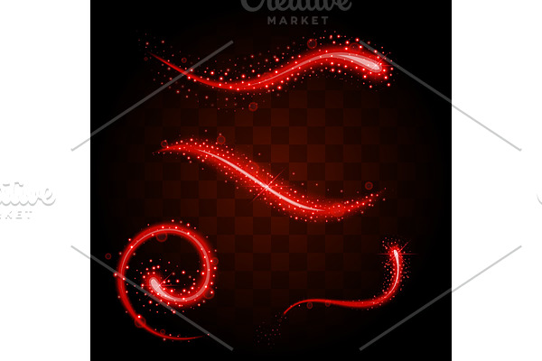 Set of tails of light red glittering stardust