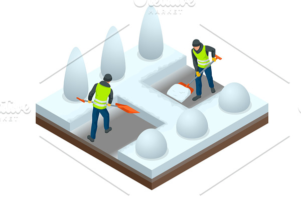 City after blizzard. Municipal workers removing snow and ice from streets. Isometric vector illustration