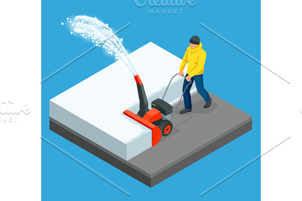 A man cleans snow from sidewalks with snowblower. City after blizzard. Isometric vector illustration