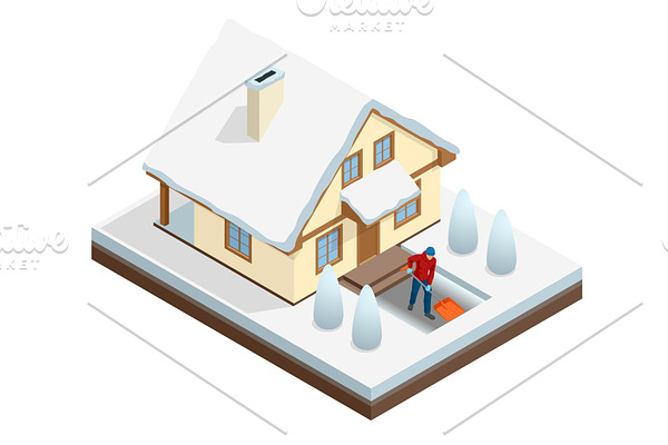 Man with shovel cleaning snow filled backyard outside his house. City after blizzard. House covered with snow. Isometric vector illustration