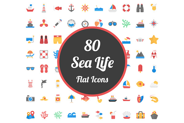 80 Flat Icons Set of Sea Life