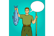 Fisherman with fishing rod and fish pop art vector