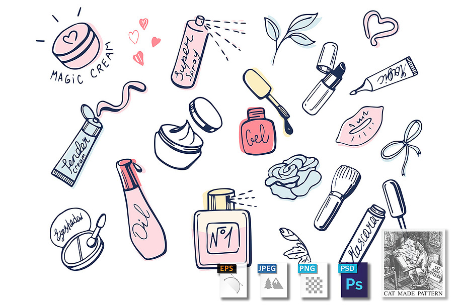 Girlish makeup items icons in Illustrations - product preview 8