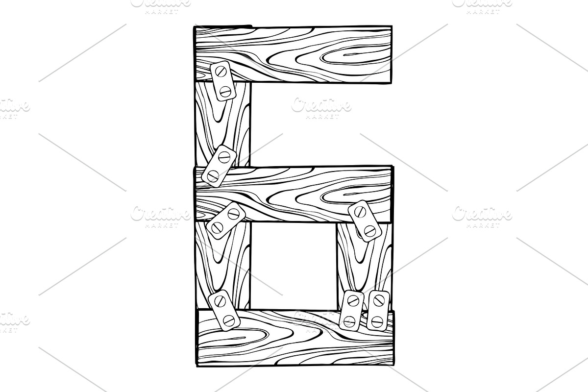 Wooden number 6 engraving vector illustration in Illustrations - product preview 8