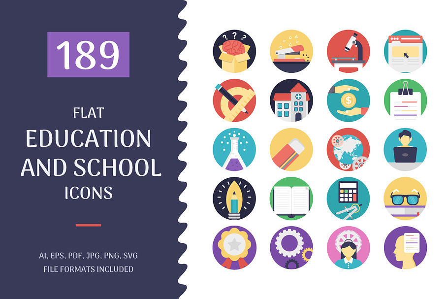 189 Flat Education Icons in Graphics - product preview 8