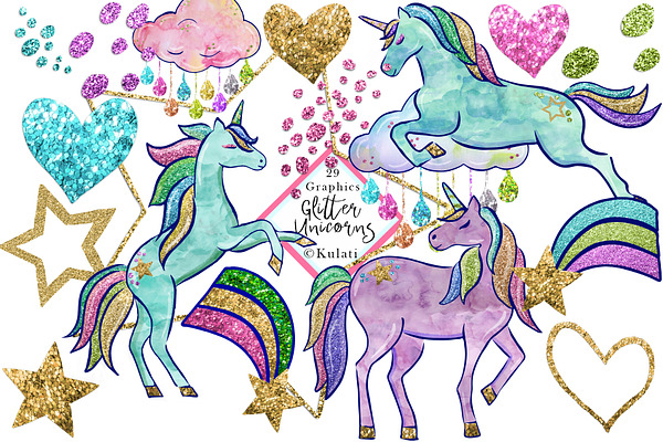 Glitter Unicorns clipart / graphics
