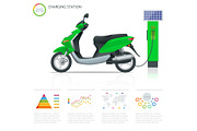 Infographics and Trendy electric scooter charging point vector. Renewable eco technologies. Green power