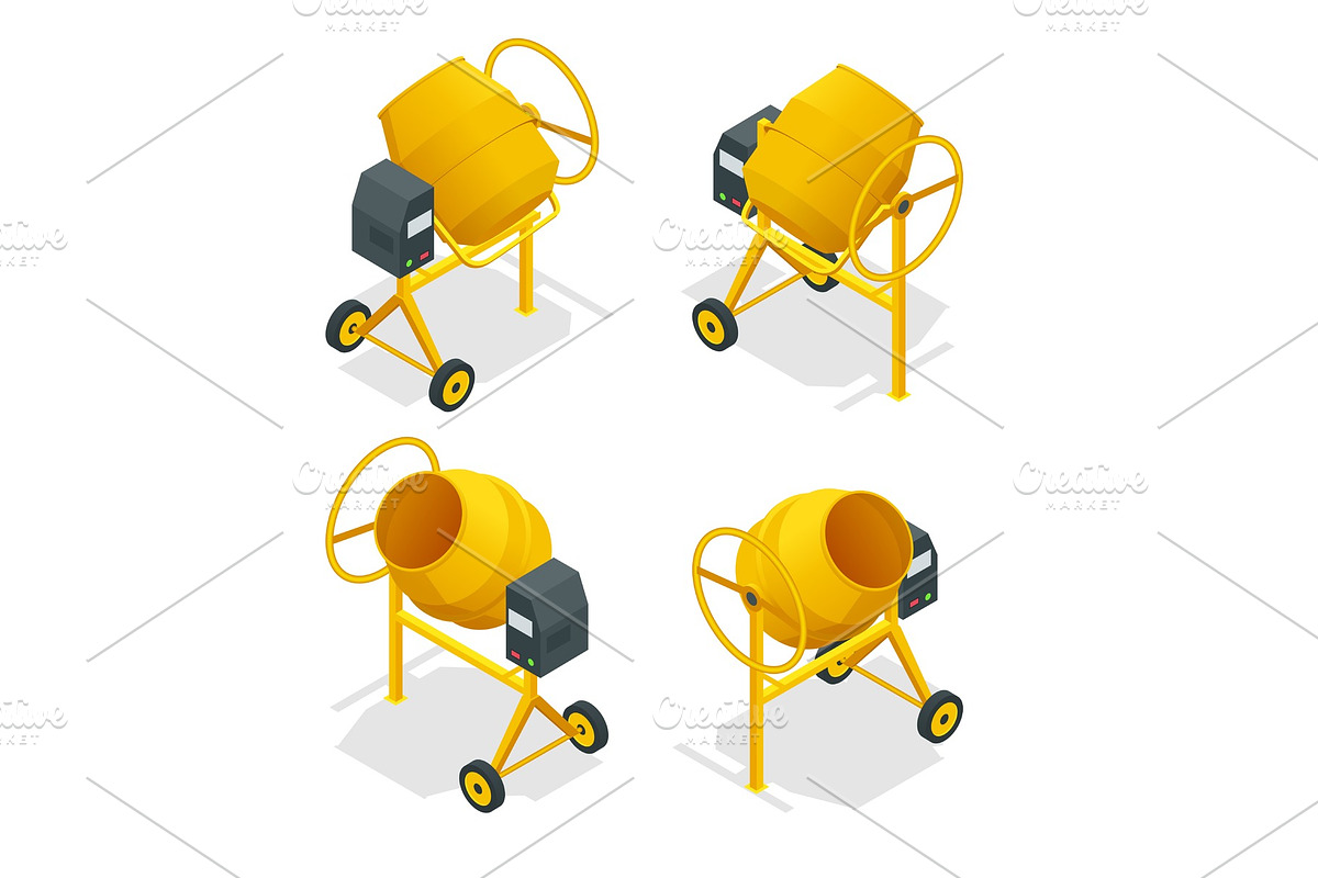 Isometric set of Concrete mixer icon for web. Cement mixer vector, pouring cement isolated white background. in Illustrations - product preview 8