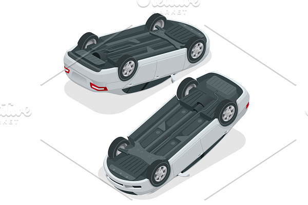 Car flipped. Car turned over after accident. Vehicle flipped onto roof. Vector isometric illustration.