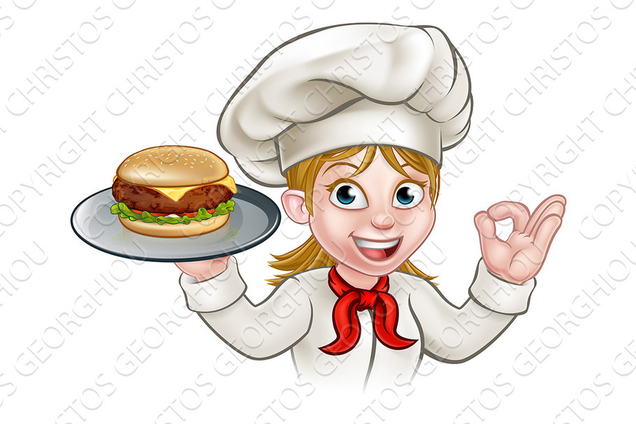 Chef Woman Cartoon Character Holding Burger