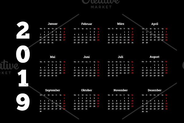 2019 year simple calendar on german