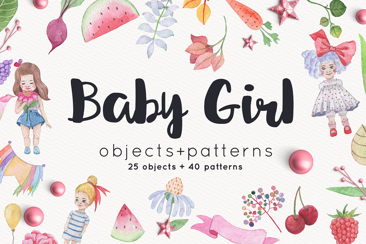 Baby Girl objects and patterns set in Illustrations - product preview 8
