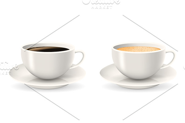 Composition of two coffee cups on saucers.