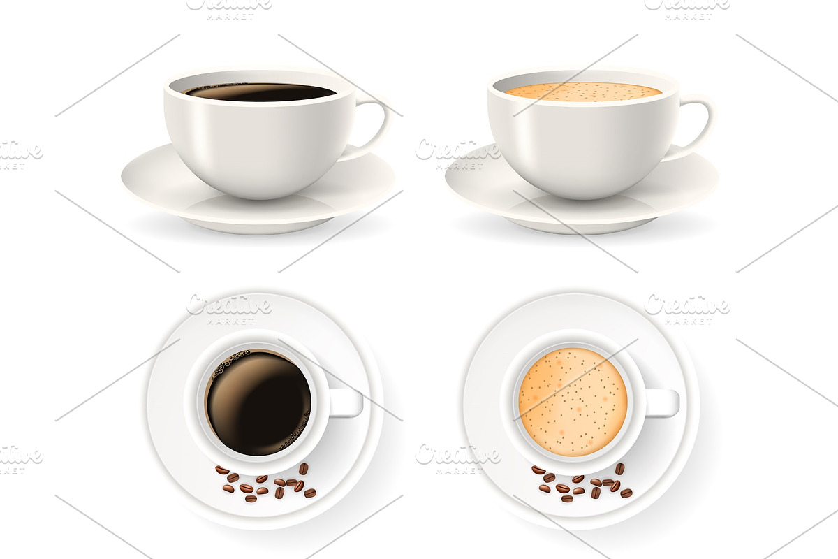 Top and front views of cups on saucers with coffee beans. Vector set. in Illustrations - product preview 8