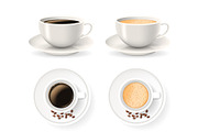 Top and front views of cups on saucers with coffee beans. Vector set.